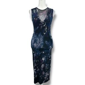 Fuzzi Italy Designer Mesh Dress S Floral Bodycon Midi Blue Whimsygoth Sleeveless